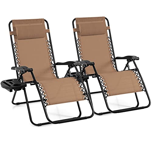 Image of Giantex 2 PCS Zero Gravity Chair Patio Chaise Lounge Chairs Outdoor Yard Pool Recliner Folding Lounge Chair with Cup Holder (Beige)