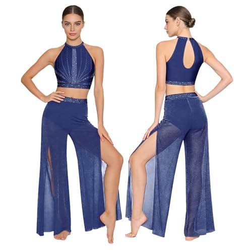 Ensemble danse lyrique strass avec dos découpé et pantalon fluide pour gala