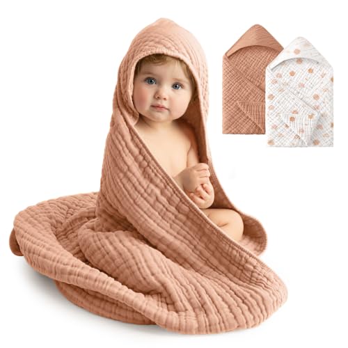 Image of Baby Bath Towels, 100% Muslin Cotton Hooded Baby Towels for Newborn, 2 Pack Baby Towels with Hood for Infant Toddler and Kids, Large 32x32Inch Bath Essentials, Soft and Absorbent Orange Rainbow