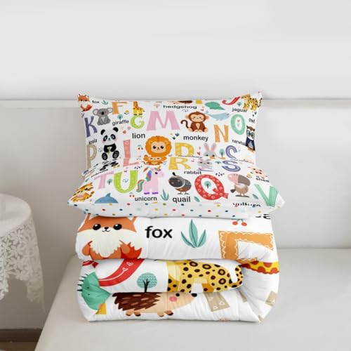 Image of Feelyou ABC Alphabet Comforter Queen Size for Boys Girls, Cartoon Animal Comforter Set Cute Educational Learning Tool Bedding Set Learning Educational Duvet Set Microfiber Bed Set