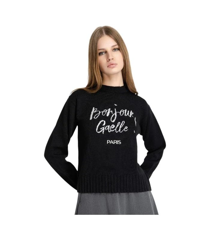 Gaëlle Paris Maglione Donna in Lana Nera con Scritta Bonjour, Design Parigino, Pullover Casual TG-M/2