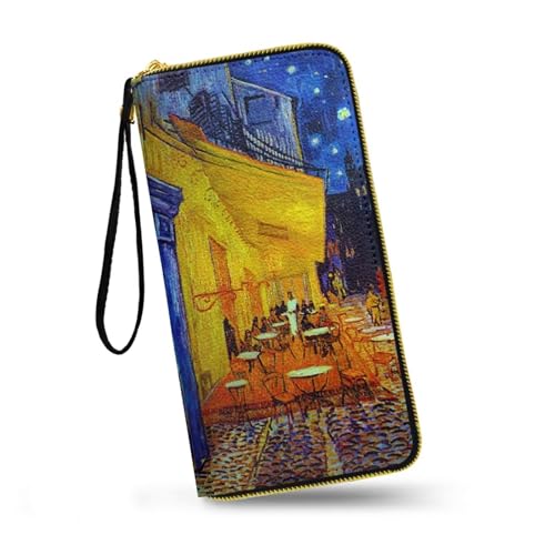 Art Women's Leather Large Capacity Zip Around Wallet, Cafe Terrace at Night Print Slim Long Credit Card Holder Phone Purse, Travel