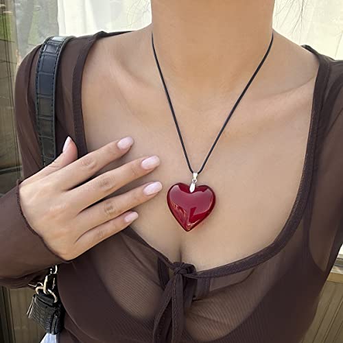 Big Heart Pendant Choker Necklaces - Chunky Glass Puffy Heart Choker Necklace For Women Y2K Grunge Jewelry Gifts For Teen Girls (Red Heart) #TOP3