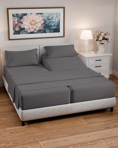 Image of Split Cal King Bed Sheet Set - 5 Piece Split Cal King Sheets - Dark Grey | Ultra-Soft, Breathable & Cooling - Comfy, Wrinkle & Fade Resistant - Fits 8 inch to 16 inch Inch Mattress with Deep Pockets