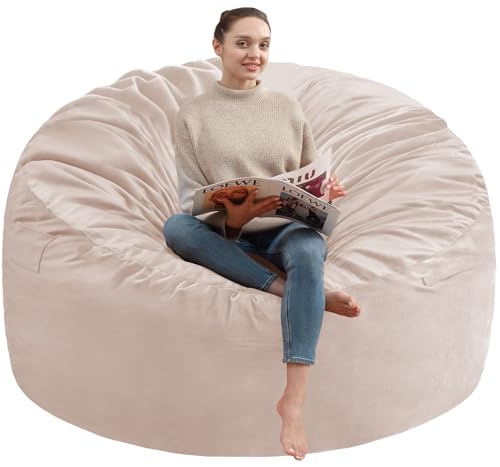 4FT Bean Bag Chair, Large Bean Bag Chairs with Memory Foam Filled, Fluffy Beanbag Sofa with Dutch Velvet Cover, Round BeanBag Chairs for Living Room, Playroom - Beige