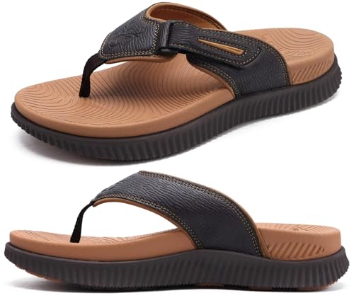 KuaiLu Mens Leather Flip Flops Men's Recovery Walking Sandals Orthotic Thick Athletic Cushion Sport...