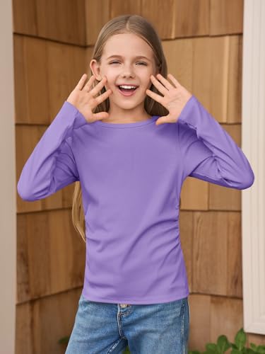 Image of Haloumoning Girls Long Sleeve Shirts Crewneck Ruched Side Slim Fit Tops Ribbed Knit Casual Tee Shirt 4-15 Years