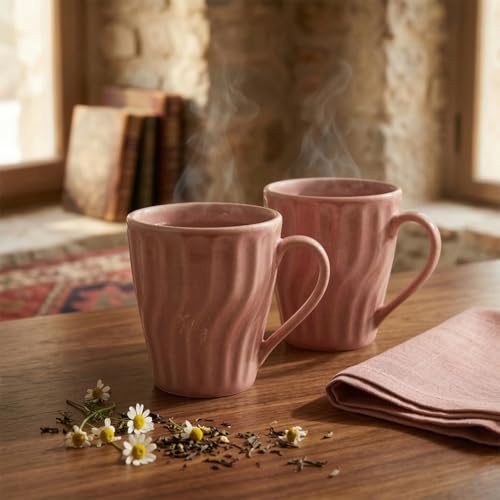 Image of The Earth Store Pink Artisan Wave Coffee Mug - 340ML Ceramic Coffee Mugs Set of 4 | Microwave & Dishwasher Safe Mugs for Gift | Home | Office | Restaurant | Daily Use Tea Mug