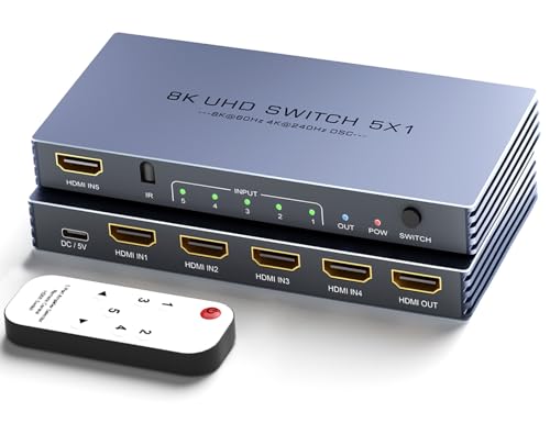 HDMI 2.1 Splitter - New Upgrade 5 in 1 Out 4k@240Hz HDMI Splitter Port Expander Support 3D/HDR/HDCP2.3, 8K Hdmi 2.1 Switch with Power Adapter Compatible with PS 5/4/3 Xbox Switch DVD Player TV PC