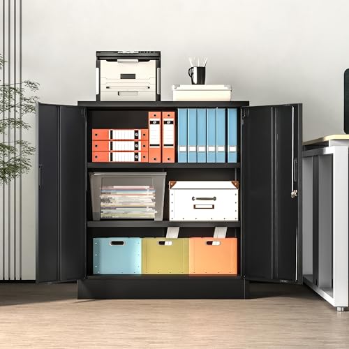 Wanfu Metal Storage Cabinet, 36" H Locking Storage Cabinet with 2 Adjustable Shelves, Metal Cabinets for Garage, Home, Office, Utility Room-Black - Image 3