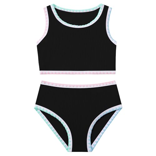 Image of Girls Bathing Suit Toddler Swimsuits 2 Piece Bikini Sets Round Neck Colorful Lace Teen Girls Swimwear 3-14T