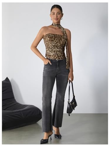 Milumia Women's Cheetah Print Tube Tops Y2k Strapless Mesh Bandeau Top with Scarf Going Out Club Rave3