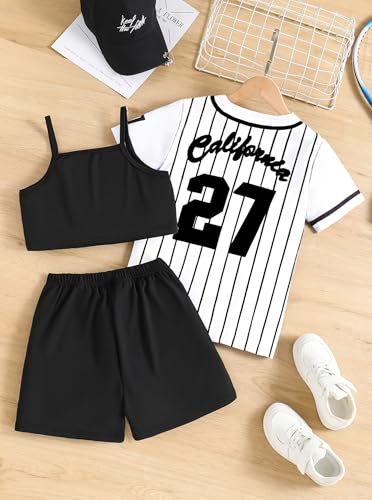 Image of Hilinker Girls Graphic 3 Piece Outfits Short Sleeve Striped Cardigan and Crop Cami with Shorts Set