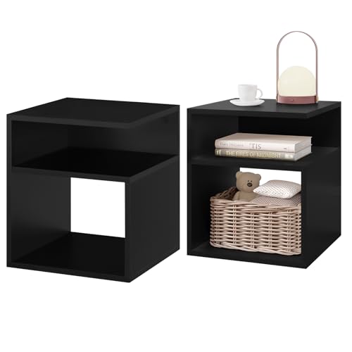 EUGAD Lot de 2 Tables de Chevet avec 2 Compartiments Ouverts, Tables Basse 35x35x41,5 cm, Design Simple, en Bois d'Ingénierie, Noir, 0006CTG-2