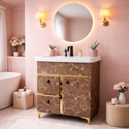 Image of hd Glass Bathroom Vanity Cabinet with Ceramic Basin, Grey Marble Finish, Gold Accents, 1 Door & 2 Drawers (1)