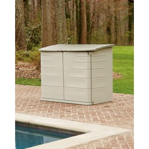 Image of Rubbermaid Large Horizontal Resin Outdoor Storage Shed With Floor (5 x 4 Ft) Weather Resistant, Beige /Brown, Organization for Home /Backyard /Pool Chemicals /Toys /Garden Tools /Porch /Patio Cushions