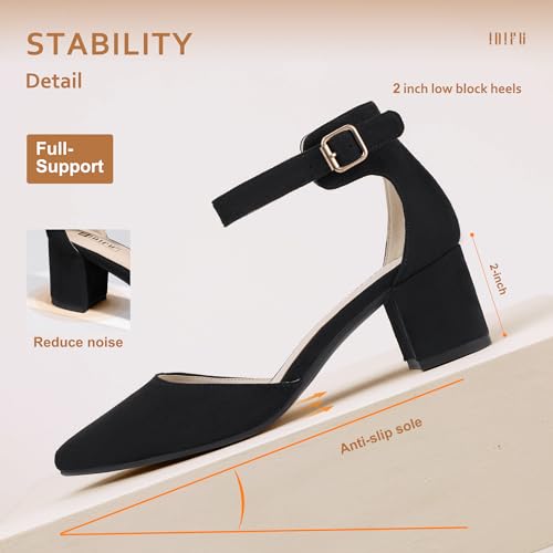 IDIFU Women's IN2 Pedazo Dress Shoes Low Block Heels Comfortable Chunky Closed Toe Ankle Strap Wedding Pumps (Black Suede R, Numeric_8) - Image 5