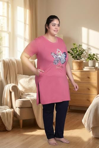 Image of In Love Women's Printed Cotton Plus Size Longline T-Shirt Cap Sleeve with Pockets Muted Pink 7XL