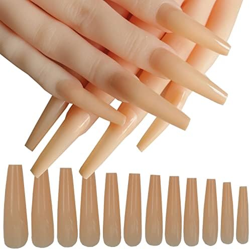 LuckForever 120pc XL Coffin False Nails Colored Beige Press on Nail Extra Long Ballerina Nail Art Tips Full Cover 12 Sizes Manicure DIY Decor for Women Kids Girls