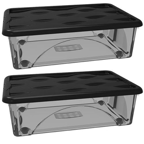 2 Scatole Multiuso 60x40x18 Organizer Box Portaoggetti Contenitore 30LT STORAGE Salvaspazio con Coperchio Nero e 4 Ruote Sovrapponibile cassa organizzazione cesta indumenti Casa Bagno Ufficio