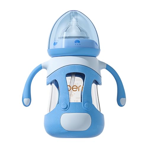Oberni Glas Baby Babyflaschen 240ml mit Silikon Sauger für Neugeborene ab 6 Monat, Anti-Colic Milchflasche mit Luftfrei Beschwerter Strohhalm, Griffe und Ärmel, Blau