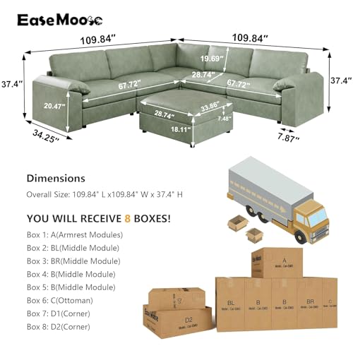 Image of EASE MOOSE Oversized Modular Sectional Couch with Ottoman, Vintage Faux Leather Sectional Sofa with Deep Seat, Scratch Resistant Faux Leather Material, Extra Large L Shaped Couch,Deep Green