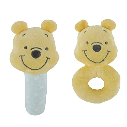 Disney Winnie Puuh Plüsch-Rassel-Set, 2 Stück, weiches und kuscheliges Plüschmaterial, integrierte Rassel für sensorische Stimulation, lebendige Farben und aufwendige Details