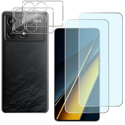 【2+2枚セット】FOR Xiaomi POCO F6 Pro ブルーライトカット 指紋認証対応 FOR Xiaomi POCO F6 Pro ガラスフィルム (2枚入り) + レンズフィルム (2枚入り)日本旭硝子素材採用眼精疲労軽減保護硬度9 H飛散防