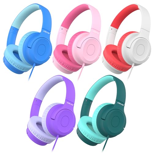 iClever Kids Headphones for School K-12, 85dBA Safe Volume, Tangle Free, 3.5mm Jack, HD Stereo, Swivel Foldable Kids Headphones with Cord for Classroom/Student/Tablets/Laptop, Bulk 5Pack Col