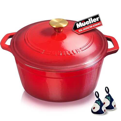 Mueller 6qt Enameled Cast Iron Dutch Oven, Heavy-Duty Casserole and Braiser Pan with Lid and Knob, Oven-Safe up to 500°  - Detailed View