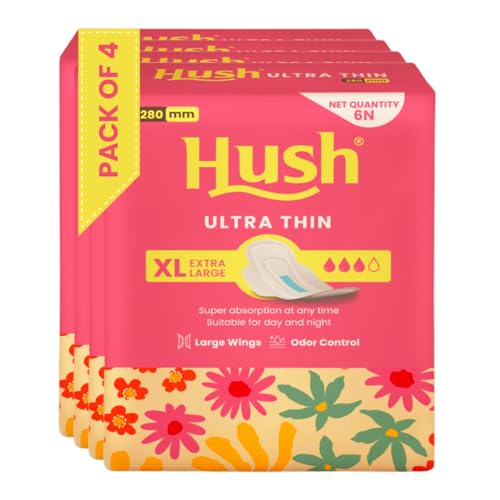 Image of Hush Ultrathin Sanitary Pads | 280mm | Super Absorption | Large Wings | Odour Lock | Comfortable & Long-Lasting Protection | Pack of 4 | XL | 24 Sanitary Pads