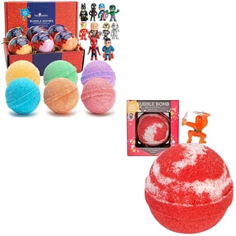 Bath Bombs for Kids with Surprise Toy Inside, 6 Pack Superhero Bath Toys and 1 Pack Ninja Bubble Bath Bomb, Gentle and Kids Safe, USA Made, Birthday Gift for Kids by Two Sisters Cover
