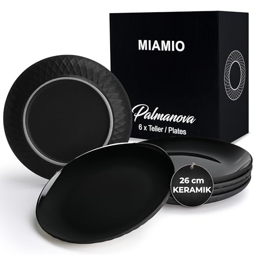 MIAMIO - 6er Geschirrset/Teller Set modern aus Keramik für 6 Personen - Palmanova Kollektion (Schwarz, Große Teller (6x))