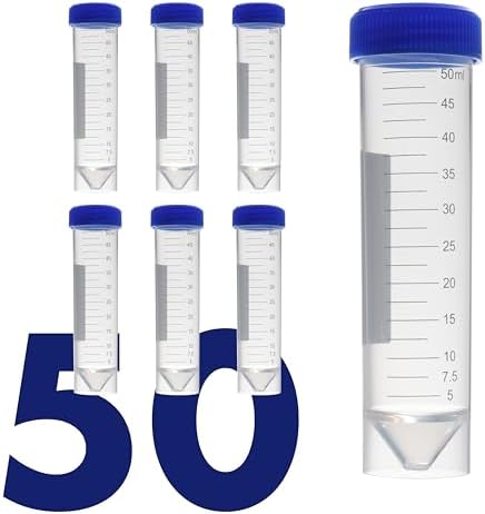 Kashi Scientific 50mL Self Standing Centrifuge Tubes with Screw Cap Lid, Lab Grade Polypropylene Plastic, Skirted, Printed Graduation, Write-on Spot [50mL Self-Standing, 50]