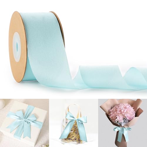 Double Faced Chiffon Ribbon 38mm Wide Aqua Silk Chiffon Ribbon for Gift Wrapping, Bridal Flower Bouquet, Wedding Invitation Decor, Christmas Tree Decoration - 22.86 Meters/Roll