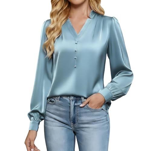 Satin Tops for Women UK - Ladies Satin Silk Blouse Elegant Going Out V Neck Long Sleeve T-Shirt Pleated Banded Collar Shirts Business Casual Work Office Tunic Pullover Blouses Light Blue