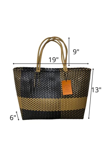 Image of Dallas Hill Designs Handwoven Super Tote Bag for Women | Recycled Plastic Shoulder Purse | Summer Beach, Pool, and Travel Handbag (Black & Gold)