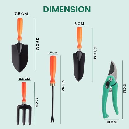 Image of Go Hooked 5 Pcs Gardening Tools Kit Fork, Transplanter, Weeder, Pruner Cutter, Graden Gloves Heavy Duty with Soft Grip Handles Garden Tools Set for Indoor Outdoor Plants, Balcony, Home Garden Use