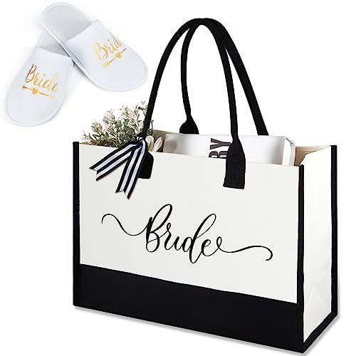 Weewooday Set de 2 Cadeaux de Mariée, Sac Fourre-Tout Bride en Toile Sac de Shopping de Mariée à Fond Amovible Chaussons Bride Pantoufles de Mariée pour Mariage Douche Nuptiale Fête de Poule