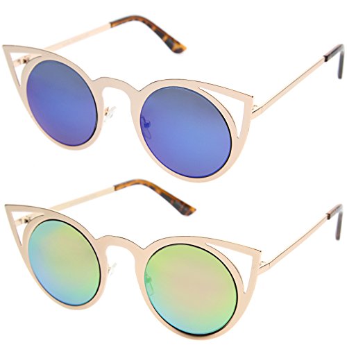 zeroUV Womens Laser Cut Open Metal Mirror Lens Round Cat Eye Sunglasses 48mm