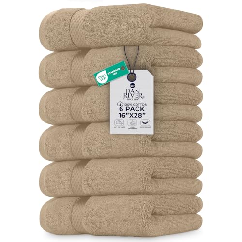 Image of DAN RIVER 6-Pack Premium Hand Towels (16x28 Inches) - 100% Cotton, Ultra Soft, Lightweight, Highly Absorbent Towels for Bathroom, Spa, Gym, Salon, Hotel, and Travel - Tan