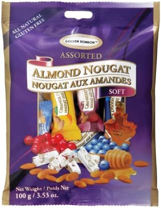Golden Bonbon Assorted Soft Almond Nougat Candy - Soft & Chewy Bonbons, All-Natural, Gluten-Free, Halal Certified, No Artificial Flavors, Made with Real Almonds, Variety Pack in 6 Flavors (Almond, Maple, Cranberry, Blueberry, Orange, Matcha Green Tea), 3.53 oz