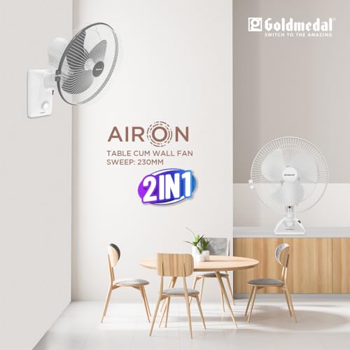 Image of Goldmedal Air On 230 mm 2-in-1 Personal Fan | Desk & Wall Mountable | Lightweight & Portable | High-Speed Performance | Ideal for Home & Office | 2-Year Warranty | (White Grey)