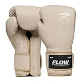 Flow Challenge Gants de Boxe en Cuir veritable, Sparring et entraînement, Muay Thai, Kick-Boxing, MMA, Arts Martiaux, Hommes et Femmes - Beige - 16oz