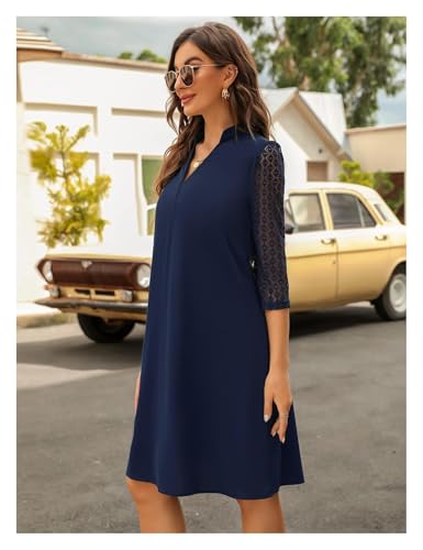 Women's 3/4 Sleeve Lace Crochet Tunic Dress, V Neck Shift Office Dress, Navy Blue, Large