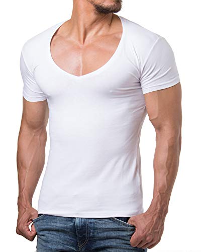 Re Rock Young & Rich - Camiseta para hombre, en 12 colores, con cuello de pico, corte ajustado y monocolor - tallas de la S hasta 3XL Blanco M