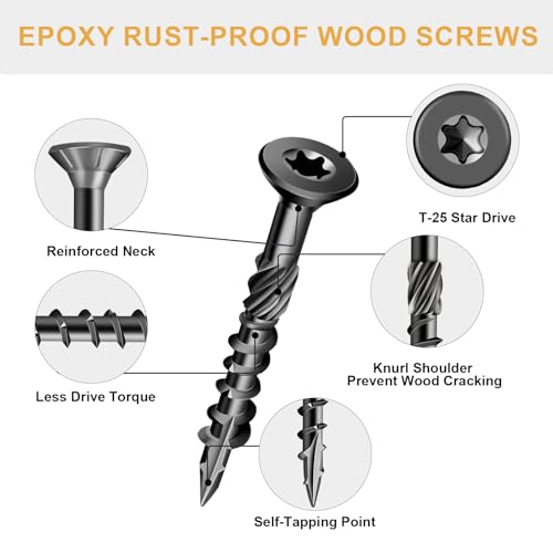 Image of Deck Screws 1-1 /2 Inch, Wood Screws #8x1-1 /2 inch, 140 Pcs Black | Rust Resistant Epoxy Coated, Outdoor Wood Screws, Torx Screws Exterior Fence Screws, T25 Star Bit Included 1 lbs