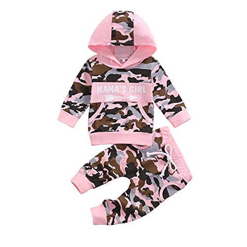 Image of Newborn Baby Little Girls Long Sleeve Pink Hooded Camo Outfits Letters Camouflage Clothes Set with Pockets (Pink , 12-18 Months )