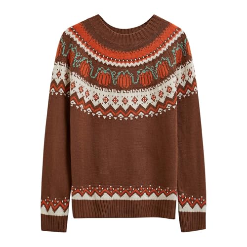 CHICWISH Women Pumpkin Print Long Sleeves Knit Sweater Crewneck Casual Pullover Tops Fall Halloween Party Sweatershirt
