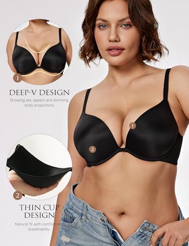 Image of Wingslove Women's Push Up Bra Deep V Plunge Underwire T-Shirt Bra Multiway 2 Cups Up